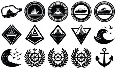Şişelerdeki gemiler, yelkenli gemiler, deniz fenerleri, dalgalar, çapalar ve direksiyonlar dahil olmak üzere siyah ve beyaz denizcilik amblemlerinden oluşan bir koleksiyon..