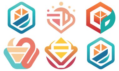 Altı eşsiz, renkli, soyut geometrik logo tasarımlarından oluşan bir koleksiyon. Altıgen ve kalkanımsı şekiller ve canlı renk paletleri var..