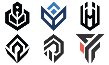 Keskin çizgiler, siyah, beyaz ve mavi paletler halinde soyut şekiller içeren altı farklı, stilize geometrik logodan oluşan bir ızgara..