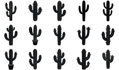 Her biri beyaz arkaplanda siyah bir siluet olarak gösterilen 15 farklı kaktüs çiziminden oluşan bir ızgara..