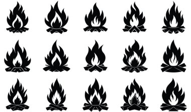 Beyaz bir zemin üzerinde sunulan 15 adet siyah siluet ikonundan oluşan bir ızgara alevler ve kütüklerle çeşitli kamp ateşi stillerini tasvir ediyor..