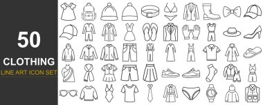 Elli eşsiz, el çizimi moda eskizinin bir derlemesi çeşitli giyim tarzları ve kıyafetleri sergiliyor..