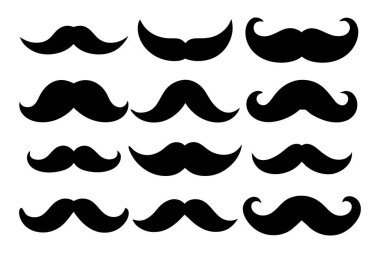 Düz beyaz bir arkaplanda üç sıra halinde dizilmiş 12 farklı siyah bıyık tasarımı gösteren grafik bir çizim..