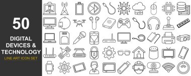 Çeşitli dijital cihazlar, aletler ve teknoloji sembollerini taslak şeklinde tasvir eden 50 basit çizgi sanat illüstrasyonunun derlenmesi.