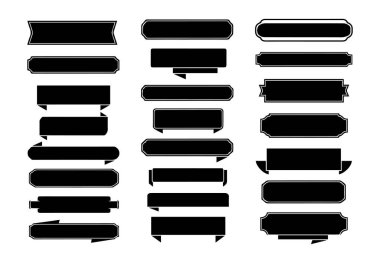 A graphic design showcasing a variety of black, rounded rectangular buttons and interface elements, arranged in columns.