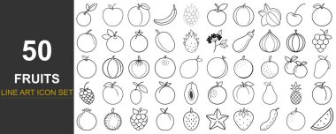 A compilation of 50 distinct fruit illustrations, presented as black and white line drawings, showcasing a variety of fruits in a simple, artistic format.