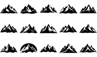 Tek renkli, siluet tarzında farklı dağ aralığı çizimleri içeren grafik bir tasarım..