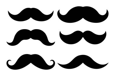 Altı farklı siyah bıyık siluetini içeren bir grafik çizimi. Düz beyaz bir arkaplanda üç sıra halinde düzenlenmiş..