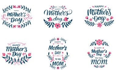 A collection of six decorative Mother's Day calligraphy designs featuring floral accents and elegant typography.