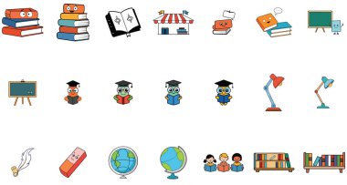 A vibrant collection of hand-drawn style illustrations depicting various school supplies, educational symbols, and learning-related items.
