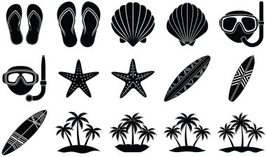 A collection of black and white silhouette icons representing beach and ocean activities, including flip-flops, shells, surfboards, snorkeling gear, starfish, and palm trees.