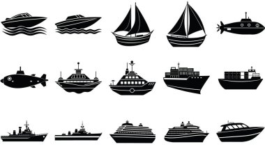A diverse array of black silhouettes showcasing various water vessels including sailboats, speedboats, cargo ships, cruise liners, and submarines.