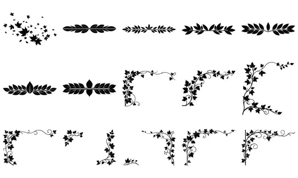 Karmaşık siyah çiçekli ve yapraklı tasarımlar içeren dekoratif elementler, sınır, bölme ve köşe süsleri için idealdir..