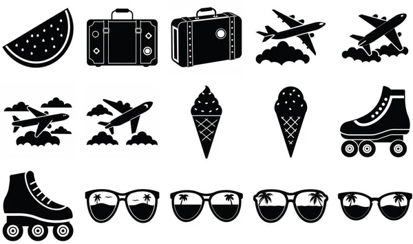 Bavul, uçak, dondurma, paten ve manzaralı güneş gözlüğü gibi yaz tatili unsurlarını tasvir eden siyah beyaz siluet simgelerinden oluşan bir koleksiyon..
