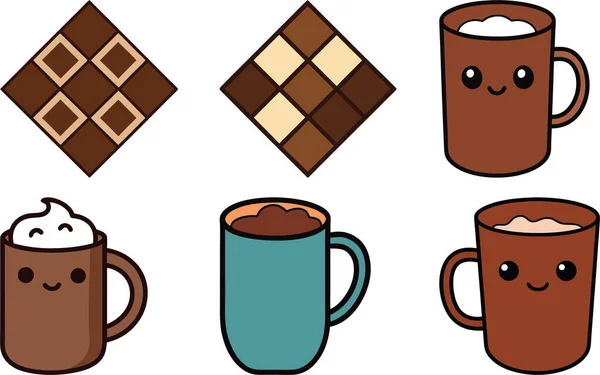 Sevimli kawaii tarzı sıcak çikolata bardakları ve geometrik çikolata kalıpları koleksiyonu, samimi temalar ve tatlı tasarımlar için mükemmel..