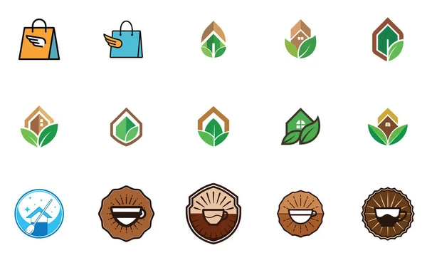 Alışveriş torbaları ve kalkan amblemlerinin yanı sıra yapraklar ve su damlaları gibi doğa unsurları içeren çeşitli logolardan oluşan bir şebeke..
