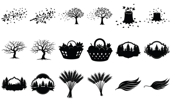 Çeşitli ağaçlar, sepetler ve doğadan esinlenilmiş tasarımların yer aldığı, grafik tasarım ve dekoratif amaçlar için uygun siyah ve beyaz çizimlerin çeşitli bir koleksiyonu..