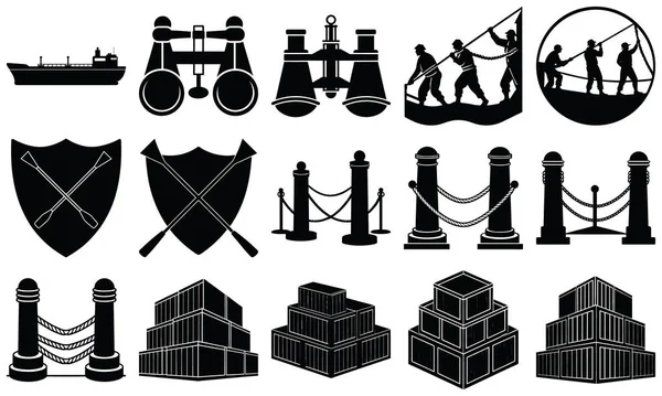 Gemiler, dürbünler, denizciler, çapalar ve mimari unsurlar da dahil olmak üzere deniz temalarını gösteren siyah beyaz siluetler koleksiyonu..