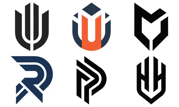 Soyut geometrik tasarımlar ve birleştirilmiş harf elementleri içeren altı farklı, stilize kalkan şekilli logo koleksiyonu..