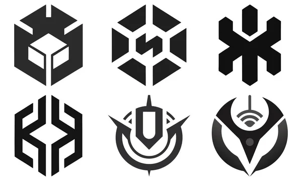 Keskin geometrik çizgileri ve fütüristik, bilim kurgu esinlenmiş altı farklı siyah beyaz logo..