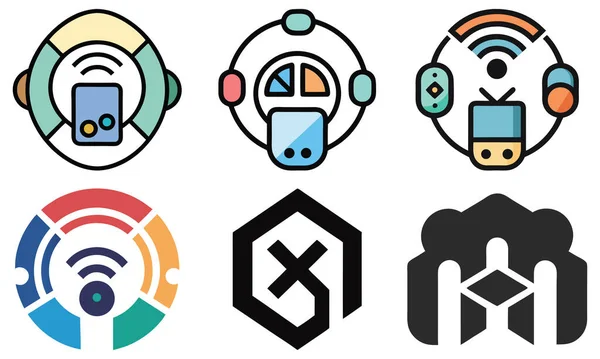 Modern teknolojinin çeşitli yönlerini, bağlantılarını ve dijital kavramlarını temsil eden altı renkli simge seti..