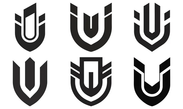 Keskin çizgiler ve modern, fütüristik estetik çizgiler içeren siyah beyaz altı soyut, kalkan şekilli logo koleksiyonu..