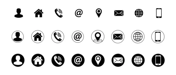 Üç farklı şekilde sunulan kişi, ev, telefon, e-posta, konum, dünya ve akıllı telefon gibi ortak iletişim simgeleri.