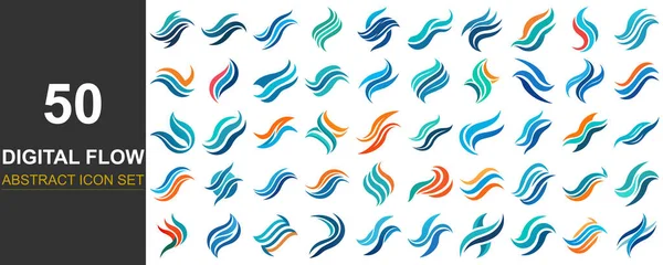 50 soyut, mavi, yeşil ve turuncu renkli akışkan tasarımlardan oluşan çeşitli bir koleksiyon, dijital akış ve hareket.