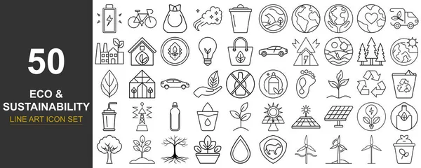 Çevre dostu ve sürdürülebilir yaşamın çeşitli yönlerini temsil eden çok sayıda küçük, el çizimi siyah ve beyaz simgelerin derlenmesi.