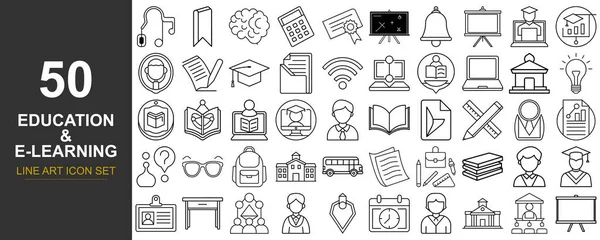 Eğitim ve e-öğrenmenin çeşitli yönlerini temsil eden 50 adet el çizimi sanat simgesi, temiz, siyah ve beyaz bir tarzda sunulmaktadır..