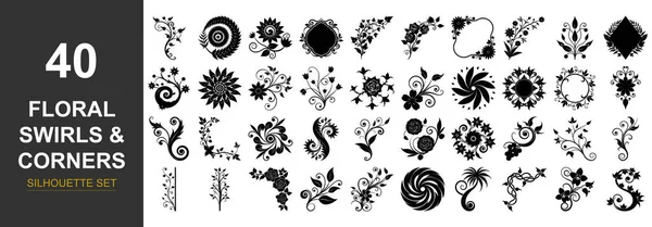 A graphic design resource featuring a diverse array of black and white decorative floral swirls and corner elements for artistic projects.