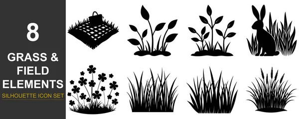 A collection of black silhouette illustrations featuring various grass types, plants, and a rabbit, representing natural field elements.