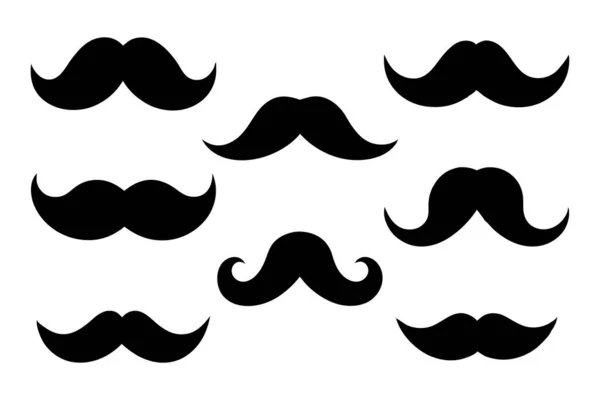 Yedi farklı siyah bıyıklı koleksiyon, farklı şekil ve boyutlarda gösterilen temiz beyaz bir arkaplan karşısında sunuluyor..