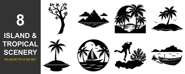 Çeşitli tropik ada sahneleri, palmiye ağaçları ve okyanus elementlerini tasvir eden siyah beyaz çizimler..