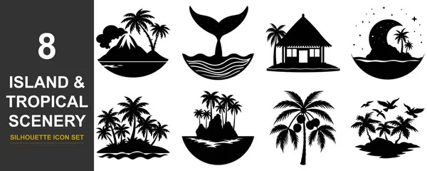 Tropikal adalar, palmiye ağaçları ve dağ ve kulübe gibi manzaralı elementlerin yer aldığı siyah siluet çizimleri..