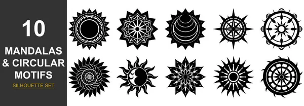 Karmaşık mandalalar ve dairesel motifler içeren on adet siyah ve beyaz süs tasarımı bir ızgara düzeninde sunulmaktadır..