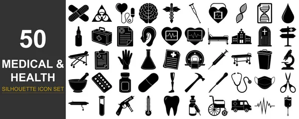 Çeşitli tıbbi ve sağlıkla ilgili sembol ve ekipmanları temsil eden 50 farklı siyah ve beyaz simge koleksiyonu.
