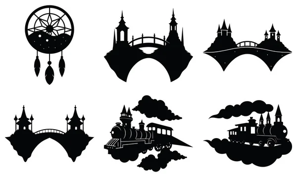 Kaleleri ve köprüleri olan fantastik yüzen adalardan oluşan bir siyah siluet koleksiyonu, yanında da bir düş kapanı..