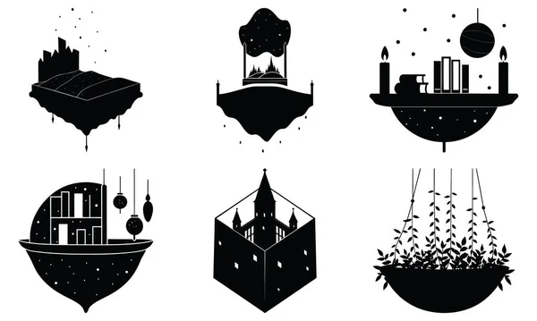 Yüzen adaların altı farklı siyah siluet çiziminden oluşan bir koleksiyon, her biri eşsiz fantezi mimarisi ve atmosferik elementler içeriyor..