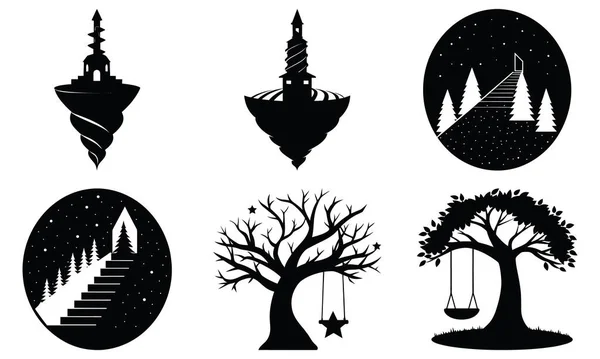 İçinde mistik kuleler, yıldızlı bir gece ormanı ve salıncaklı ve yıldızlı tuhaf ağaçlar bulunan altı siyah siluet koleksiyonu..