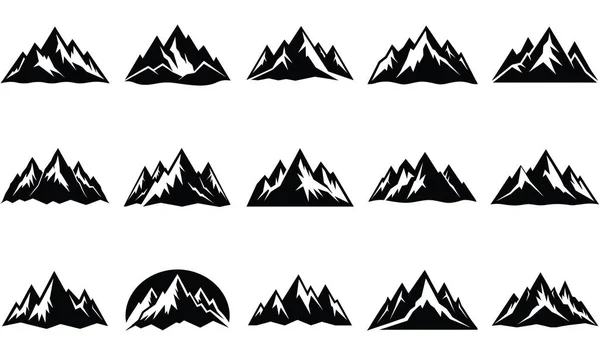 Tek renkli, siluet tarzında farklı dağ aralığı çizimleri içeren grafik bir tasarım..