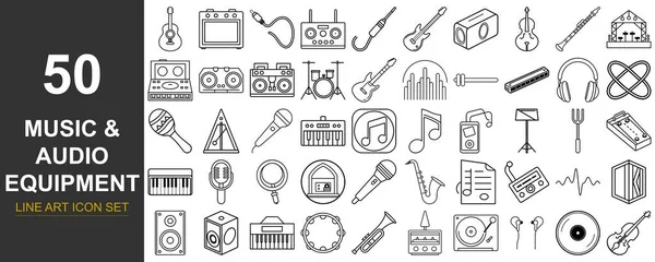Çeşitli müzik enstrümanları ve ses ekipmanlarını temsil eden 50 adet siyah beyaz çizgi sanat simgesi bir ızgara biçiminde sunulmuştur..