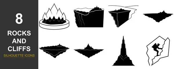 Fantezi oyun varlıkları için çeşitli kaya oluşumlarını, uçurumları ve yüzen adaları tasvir eden sekiz adet el yapımı siyah beyaz çizim..