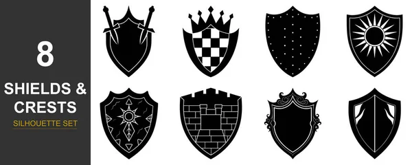 Ortaçağ armaları ve dekoratif elementler içeren sekiz farklı kalkan tasarımından oluşan bir koleksiyon, katıksız siyah ve beyaz grafik tarzında sunulmaktadır..