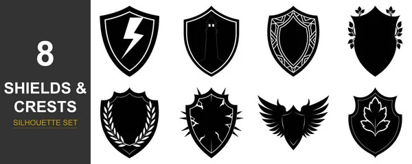 Değişik dekoratif elementler ve siluetleri koyu bir arkaplan üzerinde barındıran sekiz farklı kalkan ve arma amblemi içeren grafik tasarımı.