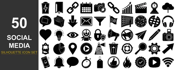 Sosyal medya, iş ve teknoloji kavramlarını temsil eden çeşitli siyah beyaz simgeler ızgara biçiminde sunulmaktadır..