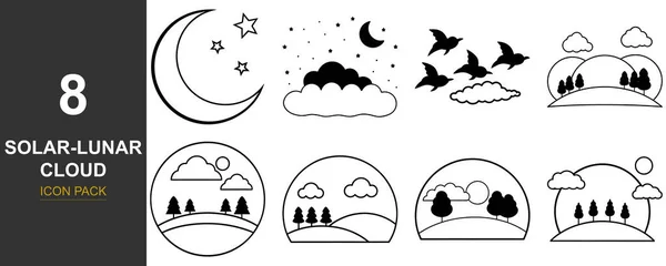 Gök cisimleri, bulutlar, kuşlar ve ağaçlar ve tepeler ile şekillendirilmiş manzaraların yer aldığı büyüleyici, el yapımı çizimler..