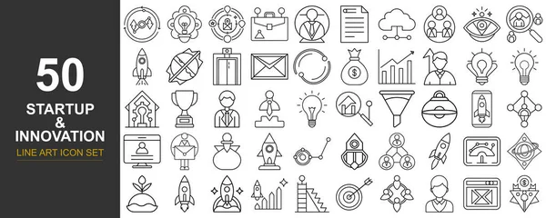 Çeşitli başlangıç ve yenilik kavramlarını temsil eden 50 eşsiz, el çizimi sanat simgesinin bir koleksiyonu, ızgara biçiminde sunulmuştur.