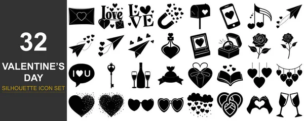 Sevgililer Günü 'yle ilgili çeşitli siyah beyaz çizilmiş ikonlar ve çizimler; kalpler, aşk ve romantik temalar..