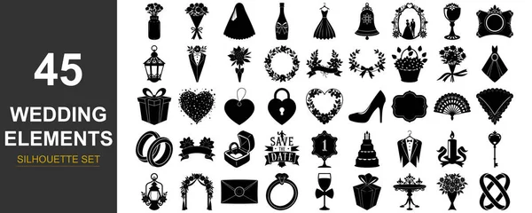A diverse set of 45 black and white vintage-style wedding design elements, including ornate frames, decorative accents, and romantic motifs.